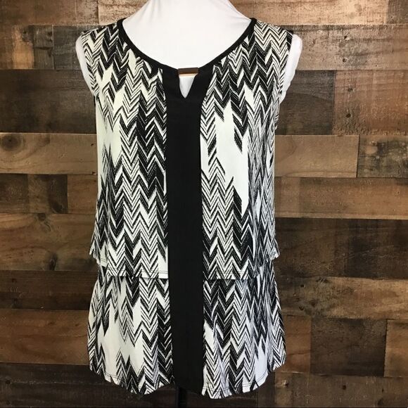 New Directions Layered Tank Style Blouse Sleeveless White Black Print Small - Picture 11 of 11